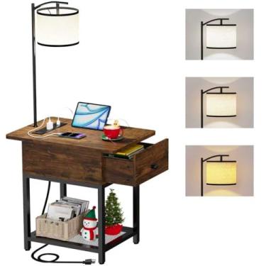 Imagem de runjuly Luminária de chão com mesa, mesa lateral com lâmpada anexada, mesa de canto estreita com luz LED e gaveta de madeira, mesa de cabeceira com tipo C e porta de carregamento USB para sala de