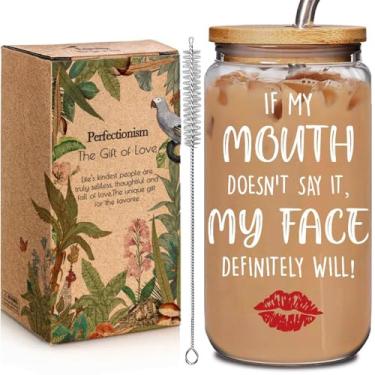 Imagem de If My Mouth Doesn't Say It My Face Definiitely Will Copos de vidro com tampas e canudos 473 ml, presentes de aniversário para mulheres, amizade, sobriedade engraçada, amor próprio para amigos do
