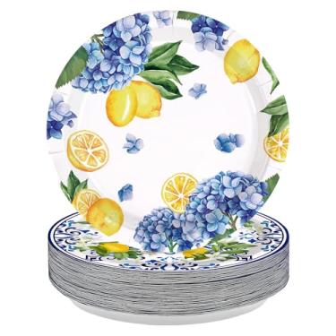 Imagem de 50 peças, pratos de papel de hortênsia, 25,4 cm, resistente, descartável, azul, hortênsia, amarelo, limão, prato de sobremesa, aquarela, floral, decoração de festa para primavera, chá de bebê