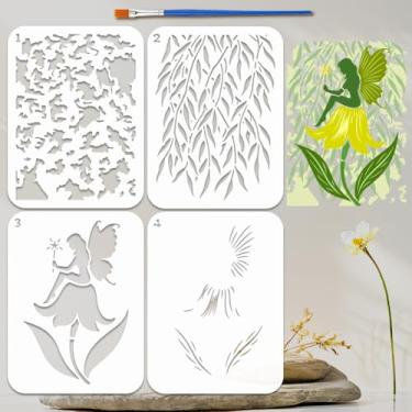 Imagem de FINGERINSPIRE 4 peças de estêncil de pintura de fadas em camadas com pincel de 20 x 15 cm, 4 estilos, flores, galhos de salgueiro, texturas, estêncil, reutilizáveis, modelos de pintura artesanal, para