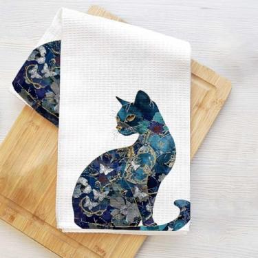 Imagem de Toalhas de cozinha com padrão de gato azul floral e borboleta, toalha de prato decorativa de microfibra absorvente, toalhas de mão de waffle para cozinha, casa, banheiro, presentes para amantes de