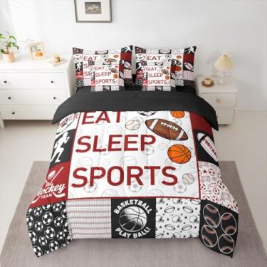 Imagem de Feelyou Conjunto de edredom esportivo para meninos, 7 peças, solteiro, futebol americano, beisebol, futebol, crianças, adolescentes e amantes de esportes, cama em uma bolsa, basquete, hóquei no gelo