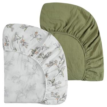 Imagem de Onacosht Lençóis de musselina para berço de 99 x 68,5 cm, pacote e jogo de lençol com colchão para meninos e meninas, pacote com 2, folhas e verde amarelado