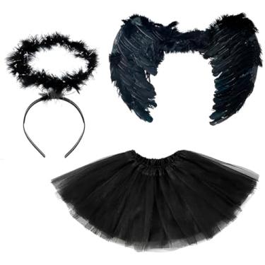 Imagem de Kit Fantasia Anjo Preto Asa Saia Tiara Festa Carnaval