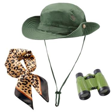 Imagem de Gionforsy Conjunto de 3 peças de fantasia de safári feminino, binóculo de Halloween, acessórios de roupa de safári, chapéu balde, gola de leopardo, cachecol cosplay, Verde militar, tamanho �nico