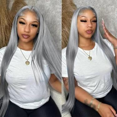 Imagem de Peruca de cabelo humano cinza prateado sem cola, 12 x 12 cm, sem mistura, 180% de densidade, para mulheres negras, use and go, perucas de renda transparente HD para mulheres 100% cabelo brasileiro