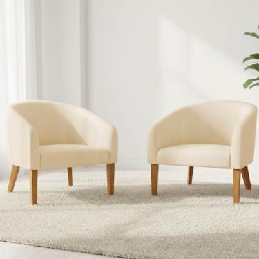 Imagem de Poltrona Sala Decorativa Kit 2 Stella Pé Madeira Trapézio Castanho Sintético Pu D03 - D'rossi Bege