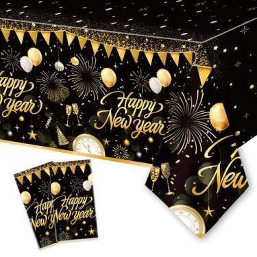 Imagem de Toalha de mesa ORNACELE New Year descartável em plástico preto dourado