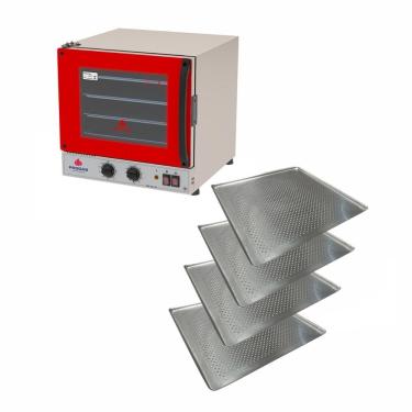 Imagem de Kit Forno Turbo Elétrico Progás PRP-004 G2 Aço Inox com 4 Assadeiras Cimapi Vermelho 110V