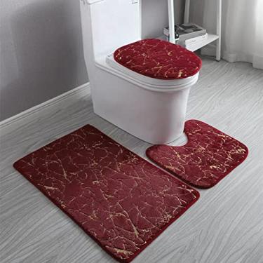 Imagem de Tapetes de chão de banheiro com estampagem a quente Conjunto de três peças padrão de mármore de pelúcia Decoração de banheiro com deslizamento a quente Tapete antiderrapante, Borgonha