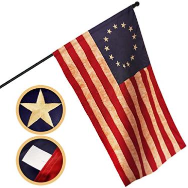 Imagem de G128 Bandeira manchada de chá Betsy Ross | 3,8 m | Manga polo bordada 420D poliéster - Estrelas bordadas, listras costuradas, ilhós de latão, interior/exterior, cores vibrantes, poliéster de qualidade