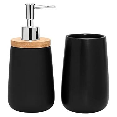 Imagem de Mimo Style Conjunto de Banheiro Black 2 Peças, Acompanha Porta Sabonete Líquido 380ml e Porta Escova, Kit Funcional, Material de Cerâmica e Detalhe em Bambu