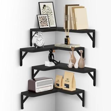 Imagem de Muzilife Conjunto de 4 prateleiras flutuantes de canto de madeira, montadas na parede para armazenamento, prateleiras em forma de L para decoração de parede, organizador para quarto, banheiro, cozinha