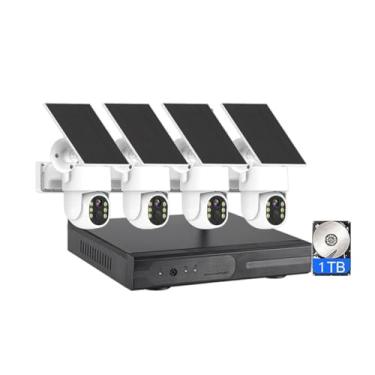Imagem de AKAVIG 4CH Solar Power Sistema de câmera de segurança à prova d 'água com disco rígido 1T, energia solar de 4MP Wireless WIFI CCTV Vigilância Kit NVR com áudio bidirecional, embalagem humana