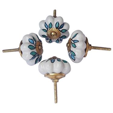 Imagem de Venda de Páscoa – Conjunto de 4 maçanetas decorativas de cerâmica verde folha de abóbora branca antiga-maçanetas redondas interiores e puxadores para armário/armário de meninas/armário infantil/gaveta de cozinha com peças anexadas