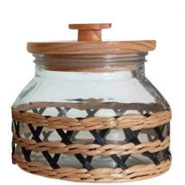 Imagem de Pote Mantimento Vidro Grande com Vime 1,5itros Tampa Hermetica Madeira