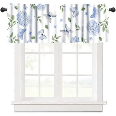 Imagem de Cortina de hortênsia de primavera, rústica verão aquarela azul mariposa borboleta flores jardim blackout tratamento de janela para casa de fazenda cozinha quarto, 137 x 45 cm