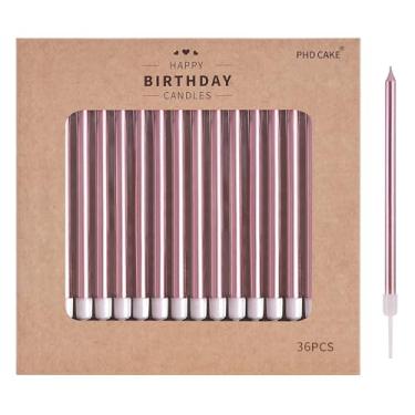 Imagem de PHD CAKE Velas de aniversário metálicas longas e finas em ouro rosa de 36 unidades, velas de bolo, festas de aniversário, decorações de casamento, velas de festa, decorações de bolo