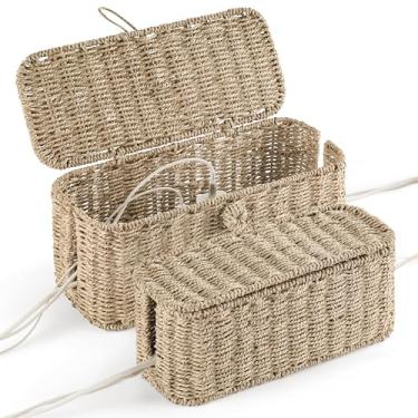 Imagem de BLUEWEST Pacote com 2 caixas grandes de gerenciamento de cabos, caixas organizadoras de cabos de vime natural para filtro de linha – 2 compartimentos abertos para cabos de TV, computador, roteador,