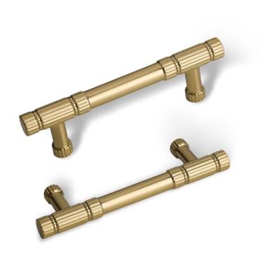 Imagem de Yagman Puxadores de armário dourados escovados, pacote com 10, centros de orifício de 7,6 cm para puxadores de armário de cozinha, puxadores de gaveta, puxador de armário de latão para banheiro