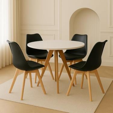 Imagem de Conjunto Mesa de Jantar Dallas Redonda 90cm Tampo Branco + 4 Cadeiras Leda (Cadeiras Pretas)