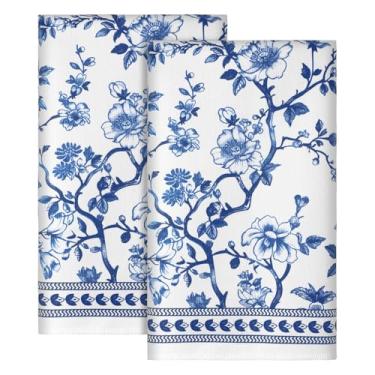 Imagem de HunnmingRe Conjunto de 2 toalhas de cozinha florais chinoiserie vintage com 2 toalhas de prato florais brancas e azuis de microfibra estética secagem à mão para banheiro cozinha cozinha limpeza 45 x