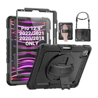 Imagem de SEYMAC Capa para iPad Pro 12.9 2021 5ª geração [Proteção total + 2ª geração de carregamento para Apple Pencil + 360 rotações Hnad/Kickstand], capa protetora à prova de choque para iPad Pro 12.9 2020/2018, preta