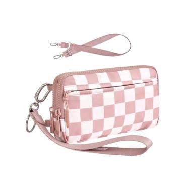 Imagem de UIBRN Carteiras transversais quadriculadas para mulheres, bolsa clutch de nylon com 4 zíperes RFID com 2 tiras, porta-cartão de crédito pequeno, Sakura