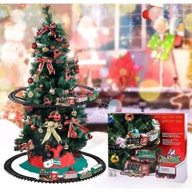 Imagem de Árvore de Natal com Trem Elétrico, 120 cm, Verde, Decorada com Bolas e Laços Vermelhos e Dourados