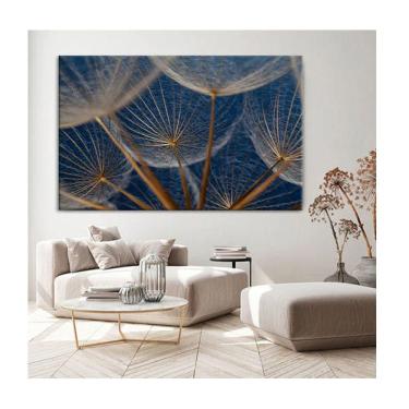 Imagem de Quadro Folhas e Flores Dente De Leão Em Fundo Azul C- Moldura Marrom e Vidro Tamanho 120 X 80cm