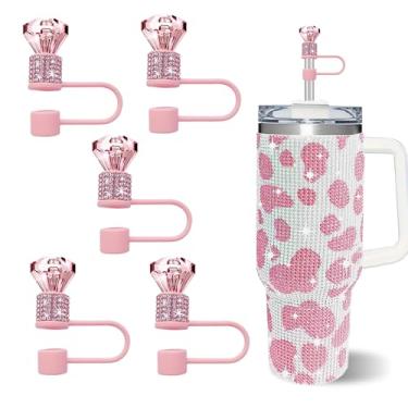 Imagem de JIASHEBDE Conjunto de 5 peças de cobertura de canudo de diamante brilhante, topo de palha de strass duplo para copos Stanley de 30 e 1,134 g, acessórios de tampa de 1 cm para canudos de 10 mm (rosa)