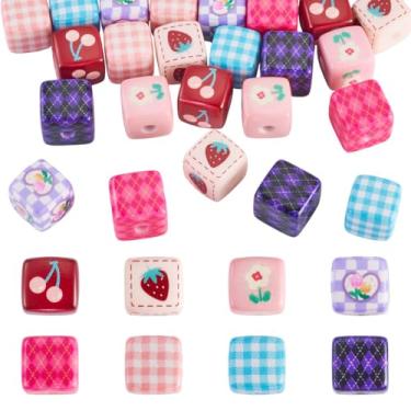 Imagem de Beadthoven 24 peças cubo contas de acrílico colorido flor cereja xadrez losango contas cubo opaco quadrado solto espaçador berloques para artesanato DIY pulseira colar brinco caneta chaveiros, 13,5-15