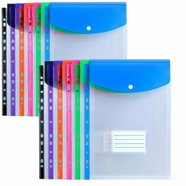 Imagem de 12 bolsos de plástico para fichário expansível com 11 furos, adequado para sacos circulares de 2/3/4, com fechos de pressão e etiquetas (6 cores), adequado para escola, escritório, (abertura vertical)