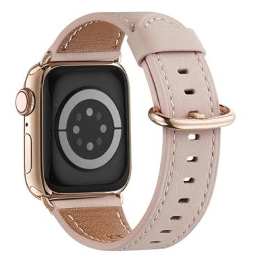 Imagem de Pulseira feminina WFEAGL de couro genuíno de grão superior para Apple Watch Ultra, SE e séries 8, 7, 6, 5, 4, 3, 2 e 1 de 49 mm, 45 mm, 44 mm e 42 mm (areia rosa + dourado)