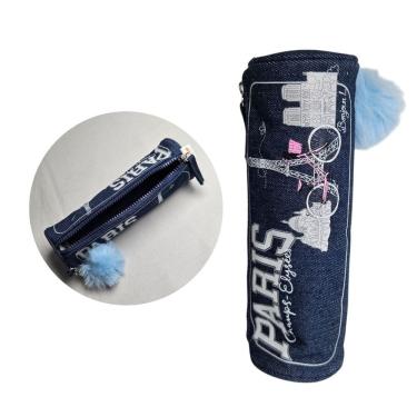 Imagem de Estojo Necessaire Jeans Azul com Pompom Escolar Volta as Aulas Organizador Fofo Temático Lápis