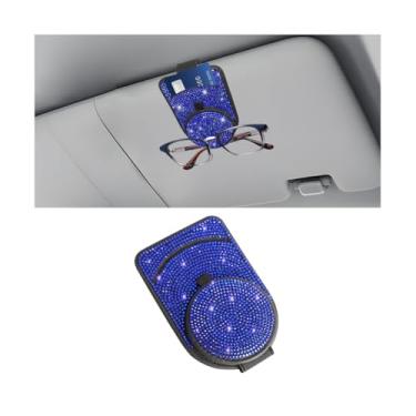 Imagem de Sandfren Suporte de óculos de sol Bling para viseira de carro, gancho de montagem de clipe de óculos de vidro de cristal de couro legítimo, suporte de cartão de bilhete automático para mulheres e