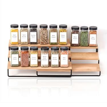 Imagem de LIBKEN Organizador de temperos em camadas – suporte de especiarias de madeira e metal e bancada, prateleira de 3 camadas forte e resistente para cozinha, despensa, garrafas de tempero – design