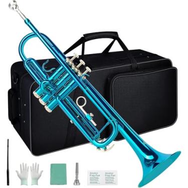 Imagem de VEDO Kit para iniciantes de trompete em Si bemol, instrumento de sopro de metal para estudantes, estojo rígido, ferramentas de limpeza, bocal 7C e luvas. (Verde)