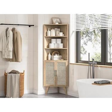 Imagem de Halitaa Armário de armazenamento de canto com portas de vime, prateleira de armazenamento de canto de banheiro com prateleiras ajustáveis e pernas resistentes para sala de estar, quarto, carvalho