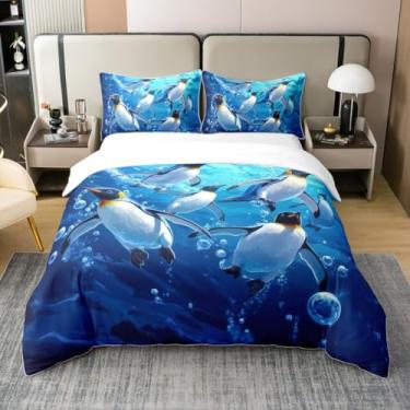 Imagem de Erosebridal Jogo de cama com estampa de pinguim fofo, 100% algodão, tamanho solteiro, temática de pinguim azul, para crianças, meninas, meninos, sonhadores, polo, ártico, vida selvagem, 3D, roupa de