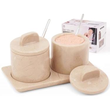 Imagem de SPESHSTONES Adega de sal de mármore com tampa e bandeja Caixa de armazenamento de sal feita à mão Verona de 7 cm com tampa - Saleiro, recipiente de açúcar, recipiente de tempero para decoração de