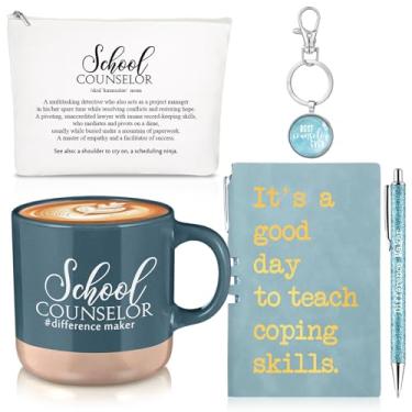 Imagem de SiliFine 5 peças presentes de conselheiro escolar de Natal para mulheres 368 g caneca de cerâmica apreciação bolsa de maquiagem chaveiro caderno de couro canetas de agradecimento presente para