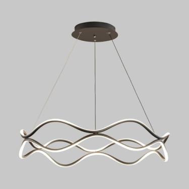 Imagem de Luminária pendente linear em formato de anel, luminária suspensa redonda de metal com acabamento preto, lustre LED moderno - 80W - 3 modos de cor, luminárias de suspensão para sala de jantar