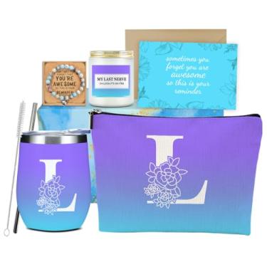Imagem de Conjunto de pulseiras e velas de vela com monograma azul inicial L, presentes de aniversário para mulheres, mãe, amiga, irmã, esposa, Natal, Dia dos Namorados, copo de vinho, casa de inauguração