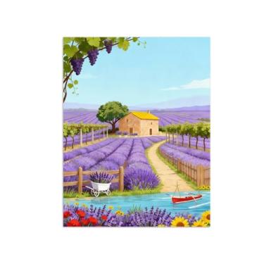 Imagem de Pôster paisagem - Rio Flores Lavanda - Impressões em Tela - Imagem Moderna Natureza para Sala de Estar Decoração 50x65cm Sem Moldura