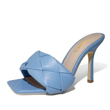 Imagem de sarawill Sandálias femininas sexy de salto agulha trançado salto alto bico quadrado tecido sem cadarço vestido de festa para mulheres verão, Azul, 36