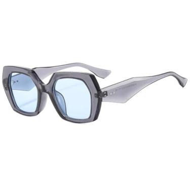 Imagem de HPIRME Óculos femininos vintage com armação hexagonal, lentes transparentes estilo oceano, proteção UV400 e rebites (cinza).