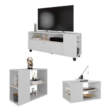 Imagem de Conjunto Kit Sala De Estar Rack Mesas Opala Branco Caemmun