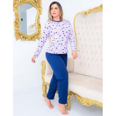 Imagem de Pijama Feminino Longo Estampado Calça e Blusa Manga Longa de Inverno -