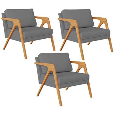 Imagem de Kit 03 Poltronas Decorativa Para Sala Estar Pietra Estrutura De Madeira L02 Suede Cinza - Lyam Decor
